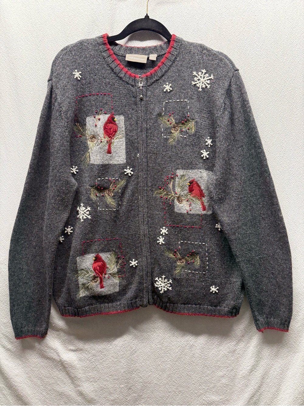 Xmas 🎄 Red Cardinal Charter Club Gray Zippered Cardigan Sweater with Embroidery